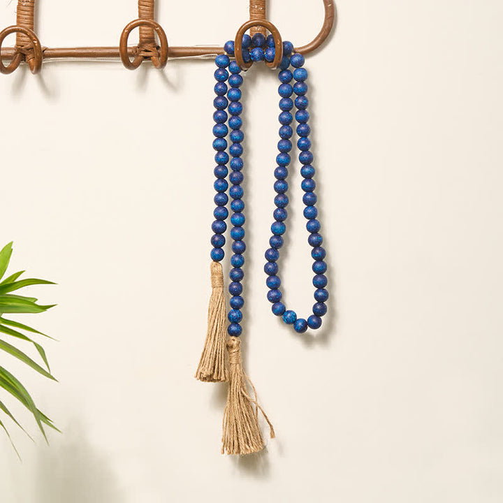 Buddha Stones Blue Rustic Wooden Bead Tassel Garland Mindful Living Decor - image 6