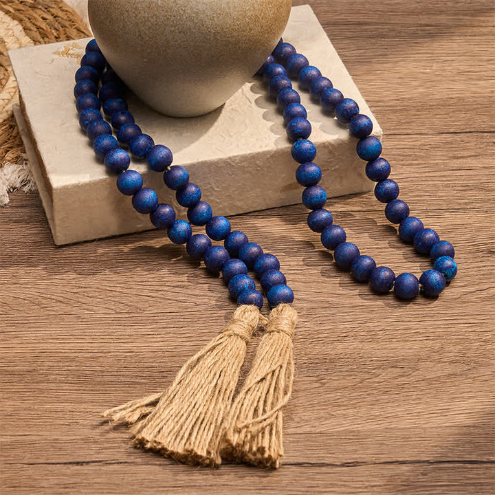 Buddha Stones Blue Rustic Wooden Bead Tassel Garland Mindful Living Decor - image 5