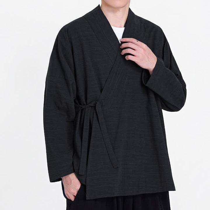 Buddha Stones Spring Fall Minimalist Tang Style Drawstring Solid Men's Kimono - image 7