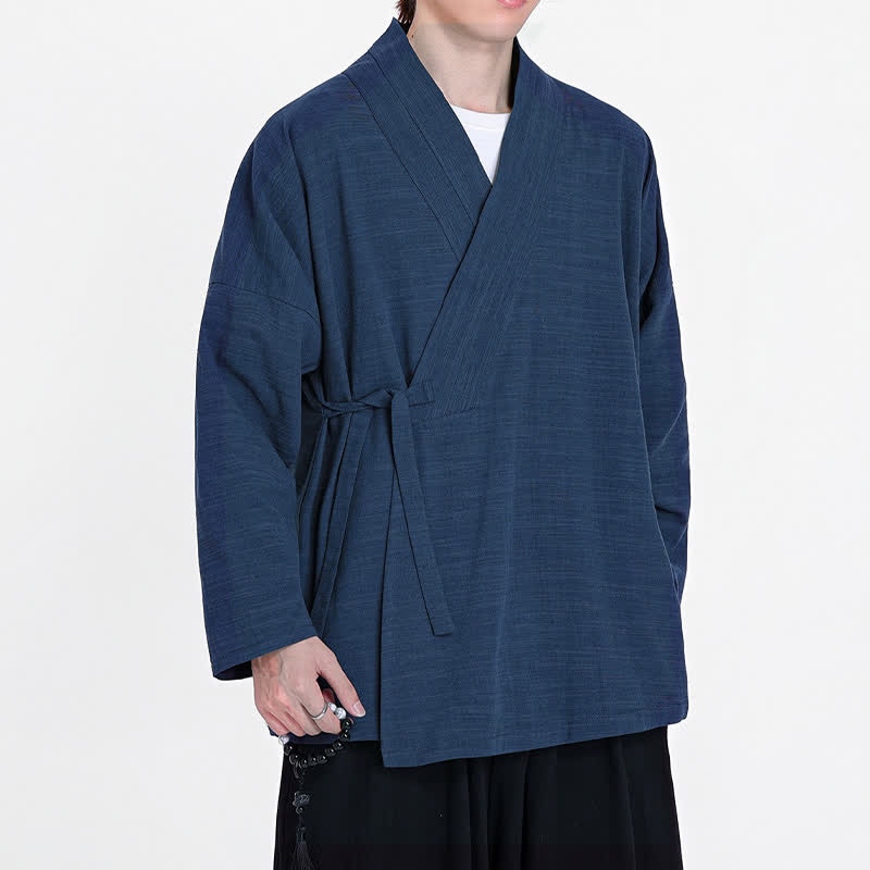 Buddha Stones Spring Fall Minimalist Tang Style Drawstring Solid Men's Kimono - image 1