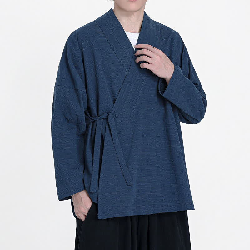 Buddha Stones Spring Fall Minimalist Tang Style Drawstring Solid Men's Kimono - image 3