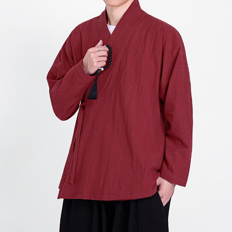 Buddha Stones Spring Fall Tang Style Minimalist Drawstring Solid Men's Kimono - image 9