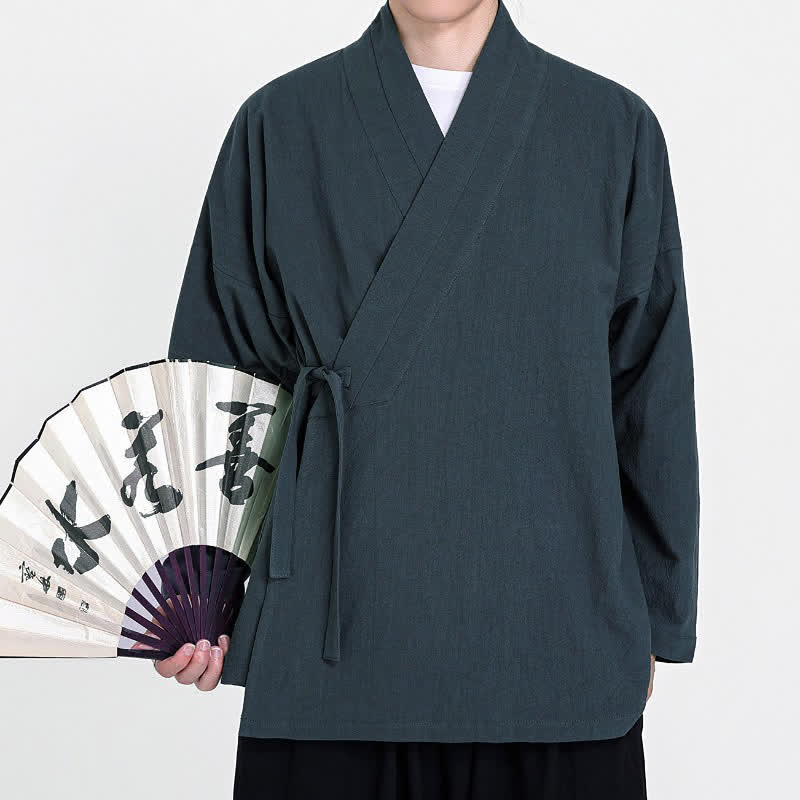 Buddha Stones Spring Fall Tang Style Minimalist Drawstring Solid Men's Kimono - image 1