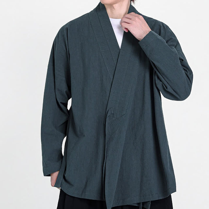 Buddha Stones Spring Fall Tang Style Minimalist Drawstring Solid Men's Kimono - SlateGray - US/UK/AU46, EU56 (5XL) - image 0