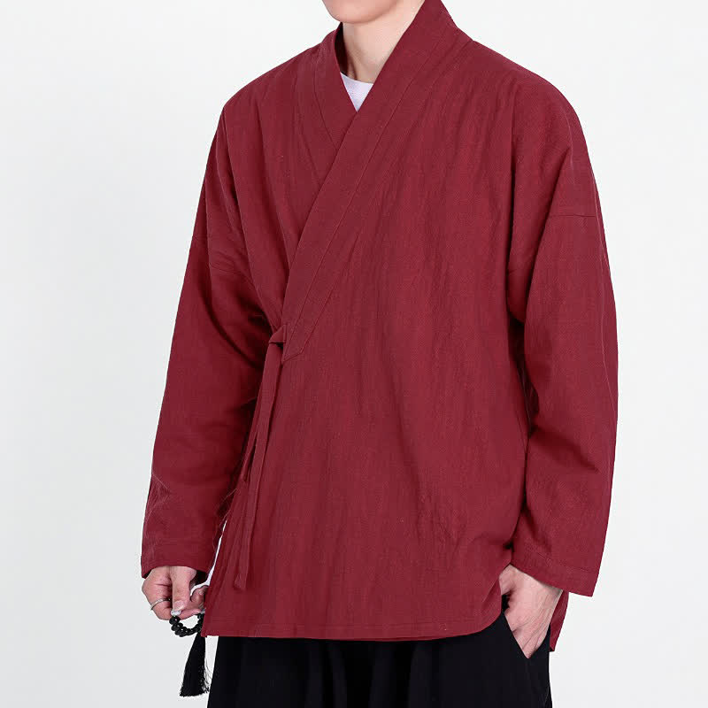 Buddha Stones Spring Fall Tang Style Minimalist Drawstring Solid Men's Kimono - image 7