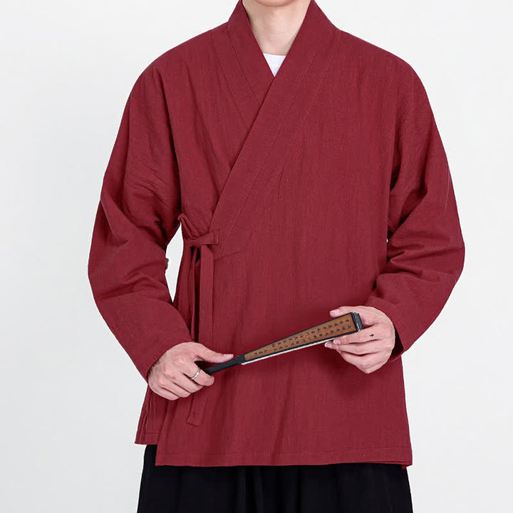 Buddha Stones Spring Fall Tang Style Minimalist Drawstring Solid Men's Kimono - Crimson - US/UK/AU46, EU56 (5XL) - image 5