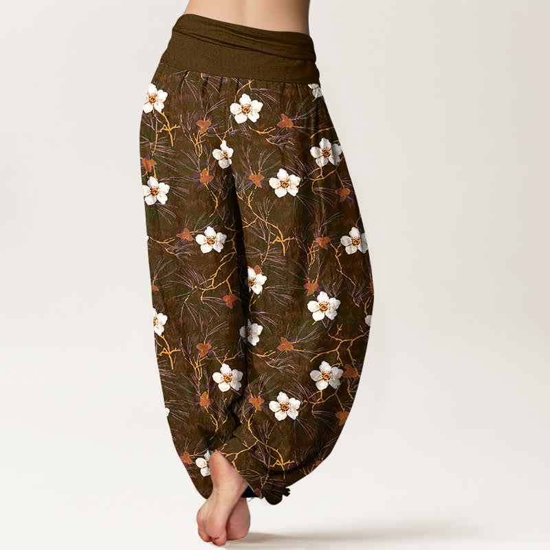 Buddha Stones Cotton White Blossom Vine Pattern Women's Elastic Waist Harem Pants - image 10