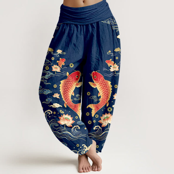 Buddha Stones Cotton Auspicious Koi Lotus Pattern Women's Elastic Waist Harem Pants - Navy - US16，UK/AU20，EU48 (3XL) - image 0