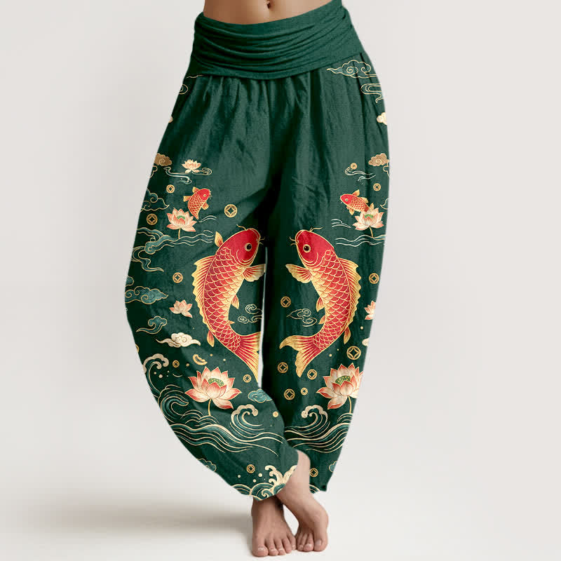 Buddha Stones Cotton Auspicious Koi Lotus Pattern Women's Elastic Waist Harem Pants - ForestGreen - US16，UK/AU20，EU48 (3XL) - image 5