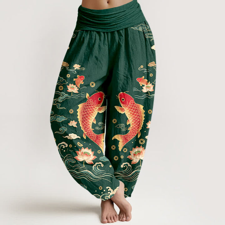 Buddha Stones Cotton Auspicious Koi Lotus Pattern Women's Elastic Waist Harem Pants - ForestGreen - US16，UK/AU20，EU48 (3XL) - image 5