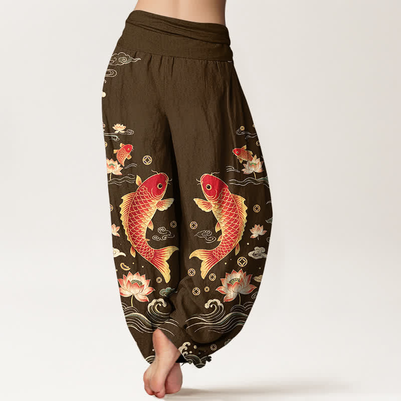 Buddha Stones Cotton Auspicious Koi Lotus Pattern Women's Elastic Waist Harem Pants - image 10