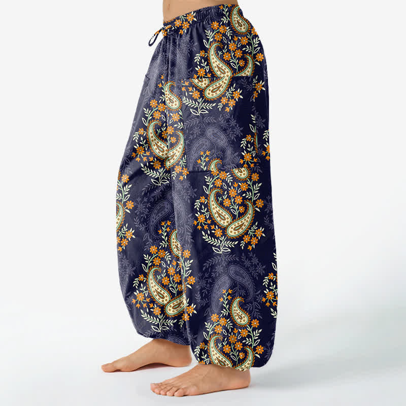 Buddha Stones Cotton Bohemian Paisley Floral Pattern Women's Elastic Waist Harem Pants With Side Pockets - image 1