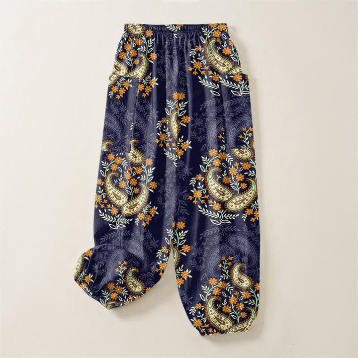 Buddha Stones Cotton Bohemian Paisley Floral Pattern Women's Elastic Waist Harem Pants With Side Pockets - image 4