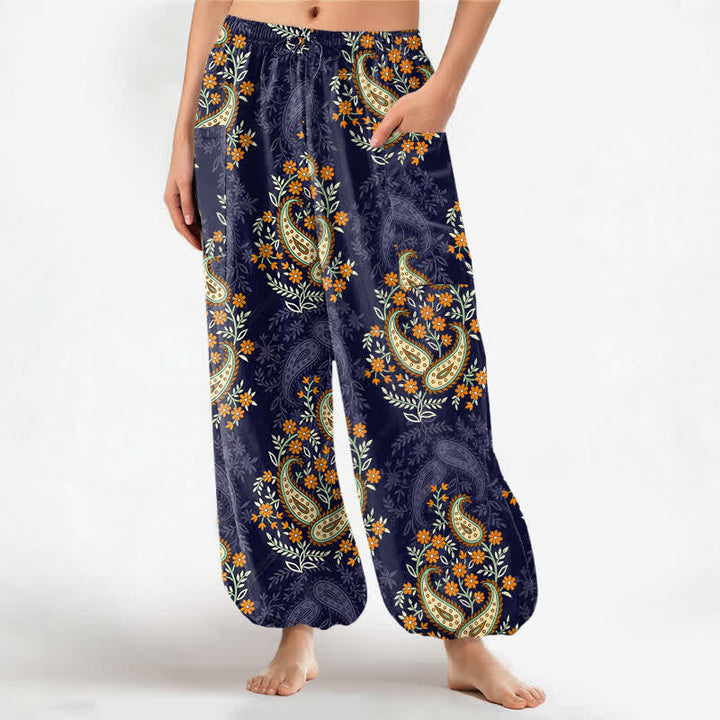Buddha Stones Cotton Bohemian Paisley Floral Pattern Women's Elastic Waist Harem Pants With Side Pockets - Navy - US16，UK/AU20，EU48 (3XL) - image 0