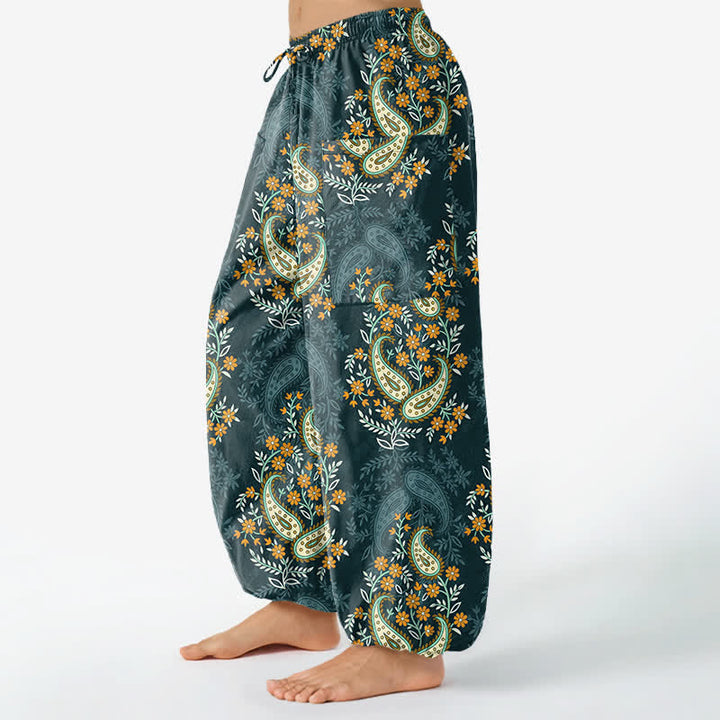 Buddha Stones Cotton Bohemian Paisley Floral Pattern Women's Elastic Waist Harem Pants With Side Pockets - image 11