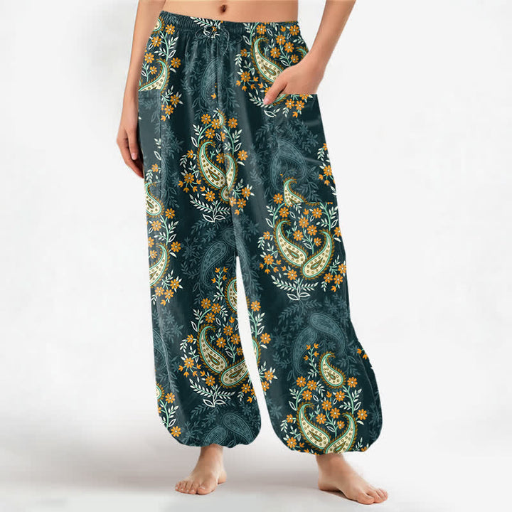 Buddha Stones Cotton Bohemian Paisley Floral Pattern Women's Elastic Waist Harem Pants With Side Pockets - Teal - US16，UK/AU20，EU48 (3XL) - image 10