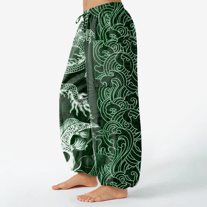 Buddha Stones Cotton Oriental Dragon Wave Pattern Women's Elastic Waist Harem Pants With Side Pockets - image 11