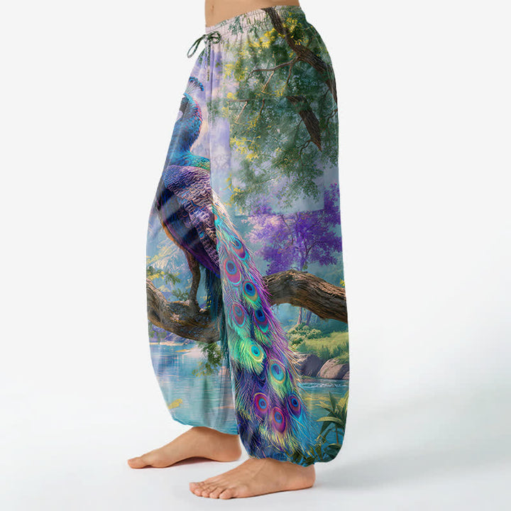Buddha Stones Cotton Majestic Peacock Landscape Pattern Women's Elastic Waist Harem Pants With Side Pockets - image 1