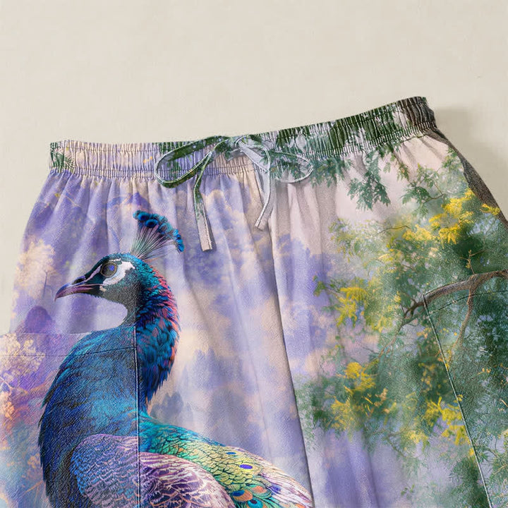 Buddha Stones Cotton Majestic Peacock Landscape Pattern Women's Elastic Waist Harem Pants With Side Pockets - image 5