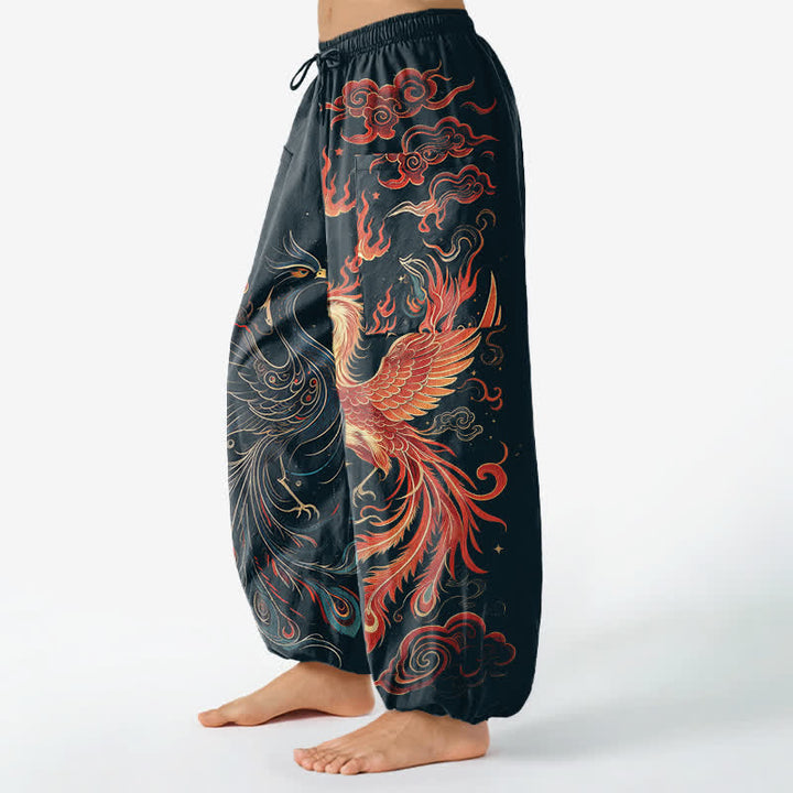 Buddha Stones Cotton Vintage Phoenix Flame Pattern Women's Elastic Waist Harem Pants With Side Pockets - image 11