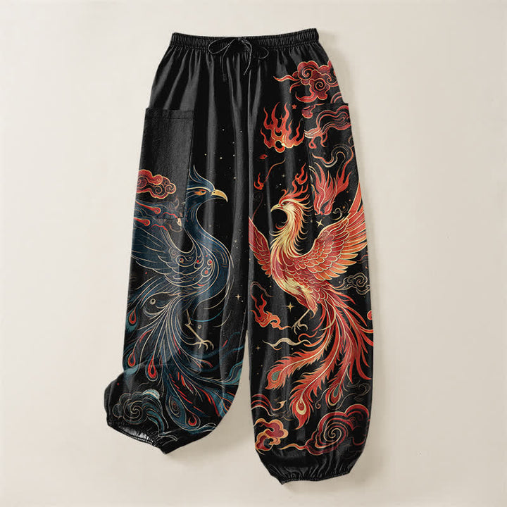 Buddha Stones Cotton Vintage Phoenix Flame Pattern Women's Elastic Waist Harem Pants With Side Pockets - image 3