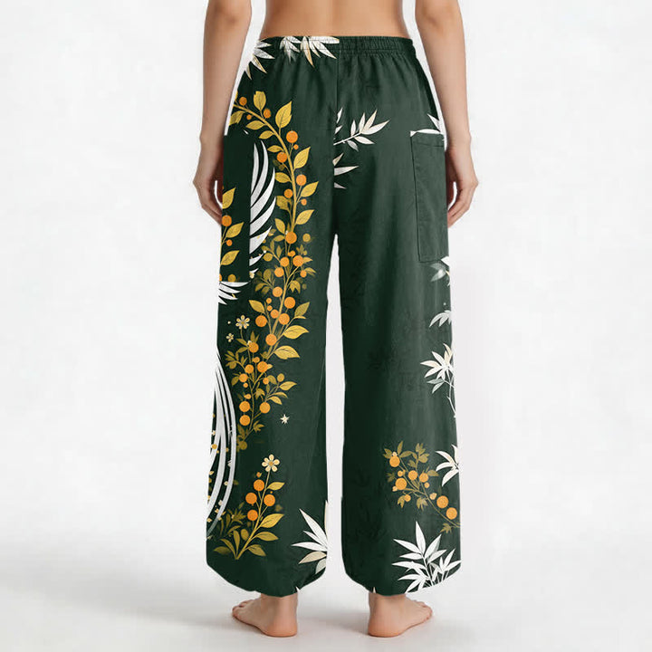 Buddha Stones Cotton Crane Bamboo Bloom Pattern Women's Elastic Waist Harem Pants With Side Pockets - image 2