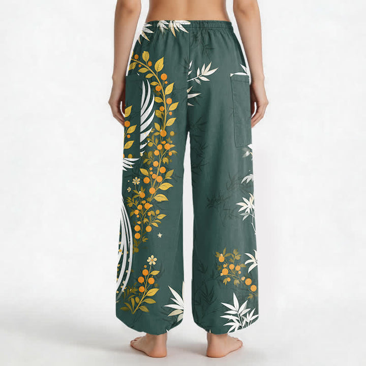 Buddha Stones Cotton Crane Bamboo Bloom Pattern Women's Elastic Waist Harem Pants With Side Pockets - image 9