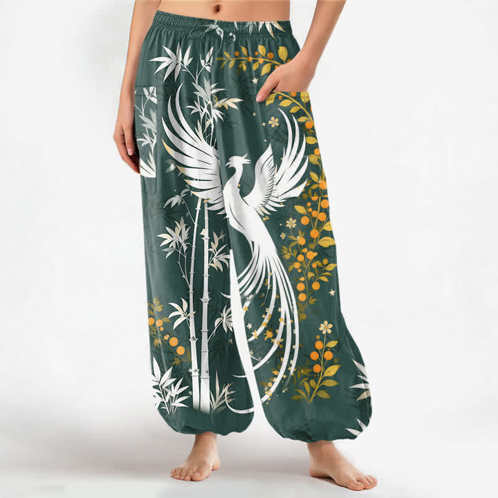 Buddha Stones Cotton Crane Bamboo Bloom Pattern Women's Elastic Waist Harem Pants With Side Pockets - Teal - US16，UK/AU20，EU48 (3XL) - image 7