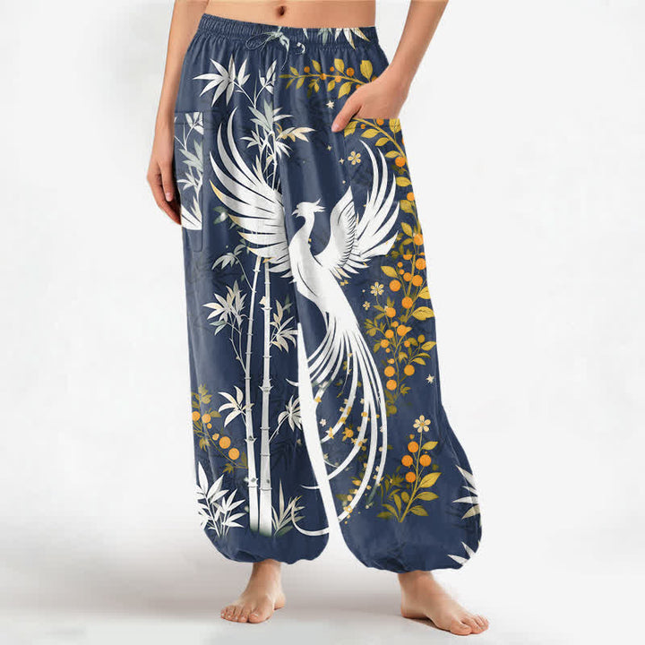 Buddha Stones Cotton Crane Bamboo Bloom Pattern Women's Elastic Waist Harem Pants With Side Pockets - SteelBlue - US16，UK/AU20，EU48 (3XL) - image 10