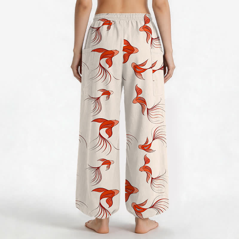 Buddha Stones Cotton Abstract Koi Fish Pattern Women's Elastic Waist Harem Pants With Side Pockets - image 2