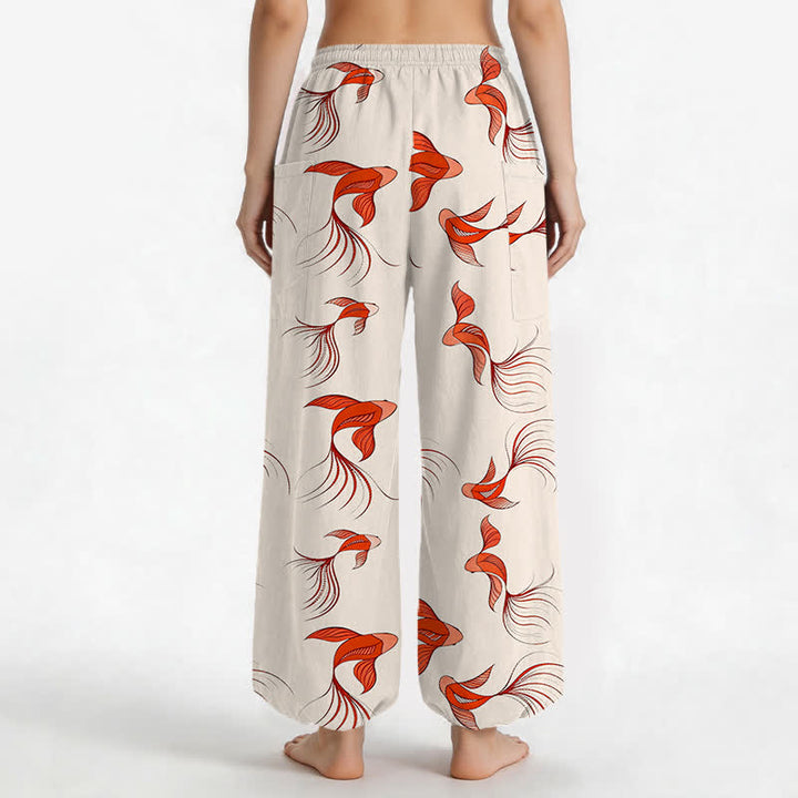 Buddha Stones Cotton Abstract Koi Fish Pattern Women's Elastic Waist Harem Pants With Side Pockets - image 2