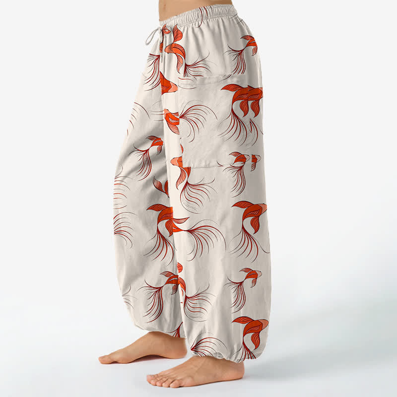 Buddha Stones Cotton Abstract Koi Fish Pattern Women's Elastic Waist Harem Pants With Side Pockets - image 1