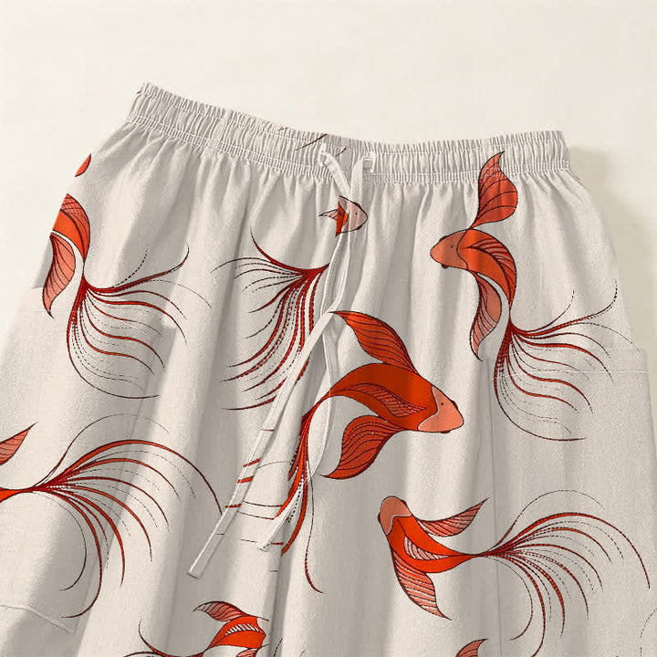 Buddha Stones Cotton Abstract Koi Fish Pattern Women's Elastic Waist Harem Pants With Side Pockets - image 5