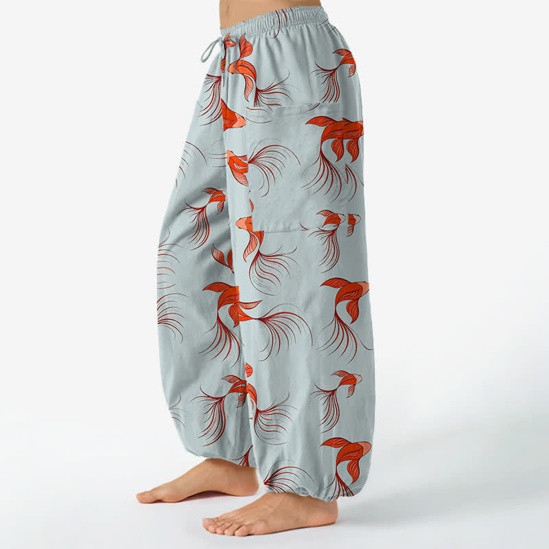 Buddha Stones Cotton Abstract Koi Fish Pattern Women's Elastic Waist Harem Pants With Side Pockets - image 8