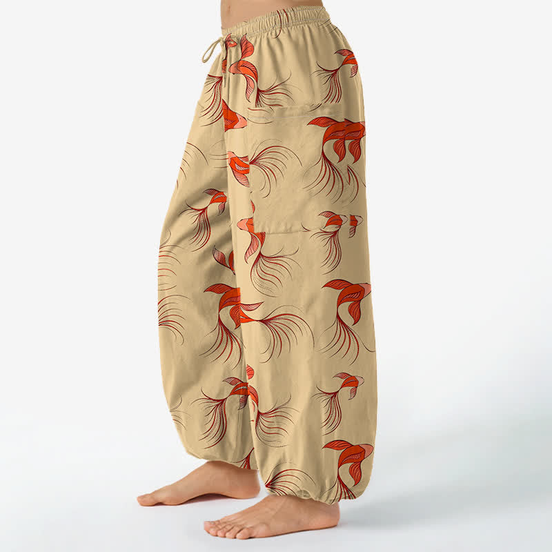 Buddha Stones Cotton Abstract Koi Fish Pattern Women's Elastic Waist Harem Pants With Side Pockets - image 11