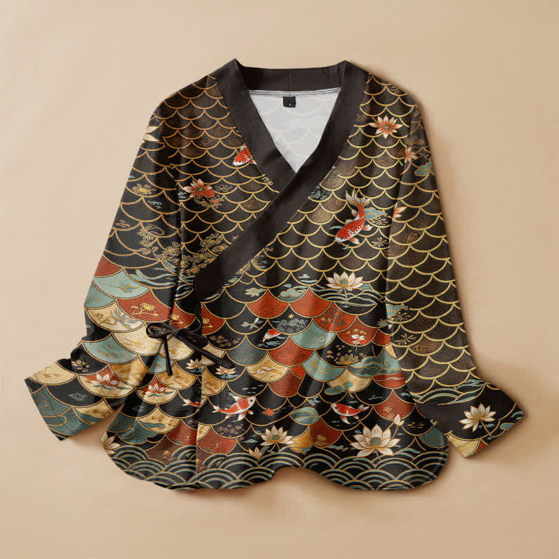 Buddha Stones Cotton Oriental Koi Lotus Print Wrap V-Neck Lace-up Women's Long Sleeve Shirts Kimono - Black - US16，UK/AU20，EU48 (3XL) - image 0