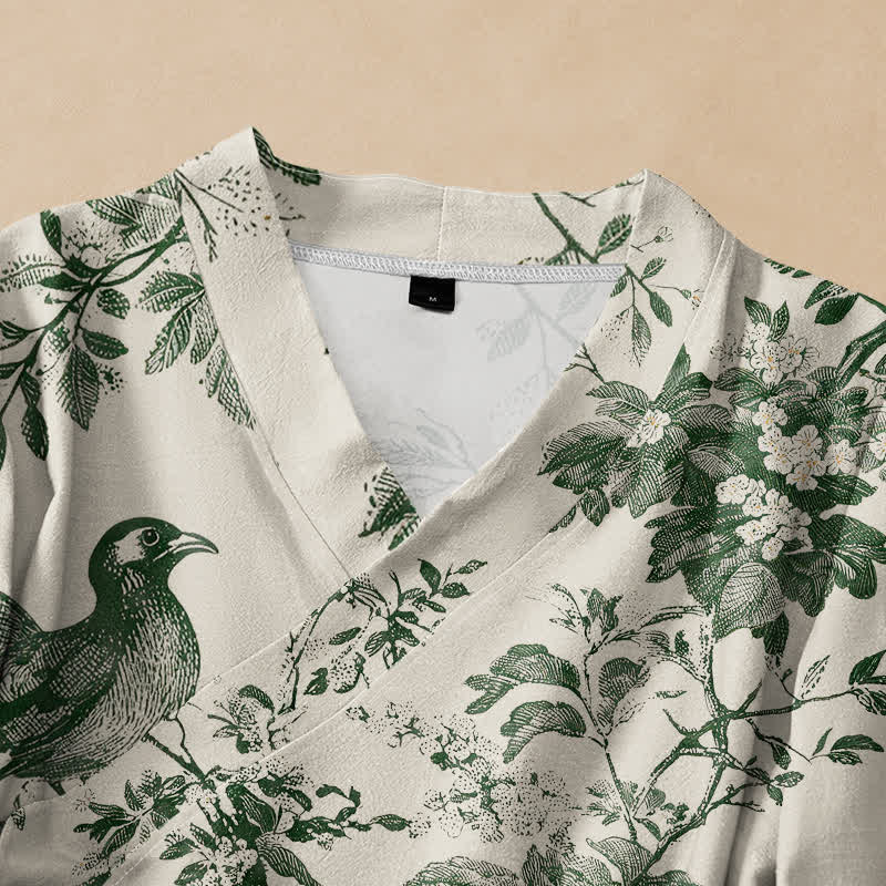 Buddha Stones Cotton Botanical Bird Print Hanfu Style Wrap V-Neck Lace-up Women's Long Sleeve Shirts Kimono - image 2