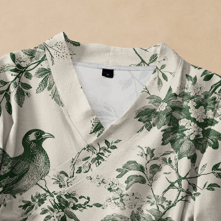 Buddha Stones Cotton Botanical Bird Print Hanfu Style Wrap V-Neck Lace-up Women's Long Sleeve Shirts Kimono - image 2