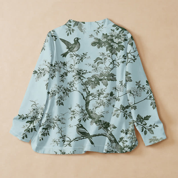 Buddha Stones Cotton Botanical Bird Print Hanfu Style Wrap V-Neck Lace-up Women's Long Sleeve Shirts Kimono - image 6