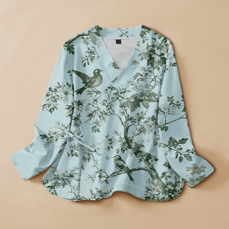 Buddha Stones Cotton Botanical Bird Print Hanfu Style Wrap V-Neck Lace-up Women's Long Sleeve Shirts Kimono - PowderBlue - US16，UK/AU20，EU48 (3XL) - image 5