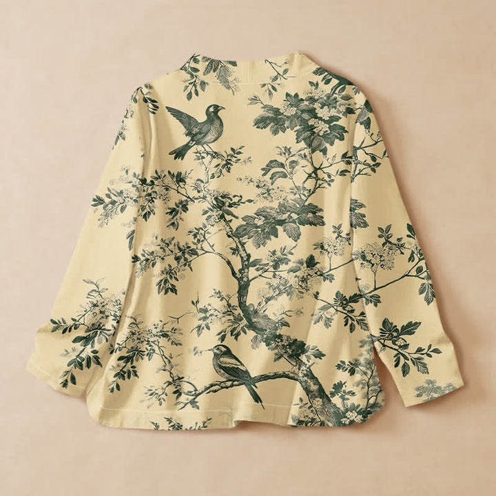 Buddha Stones Cotton Botanical Bird Print Hanfu Style Wrap V-Neck Lace-up Women's Long Sleeve Shirts Kimono - image 8