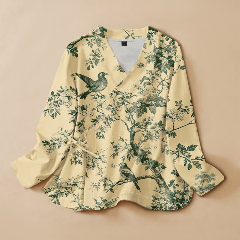 Buddha Stones Cotton Botanical Bird Print Hanfu Style Wrap V-Neck Lace-up Women's Long Sleeve Shirts Kimono - LemonChiffon - US16，UK/AU20，EU48 (3XL) - image 7