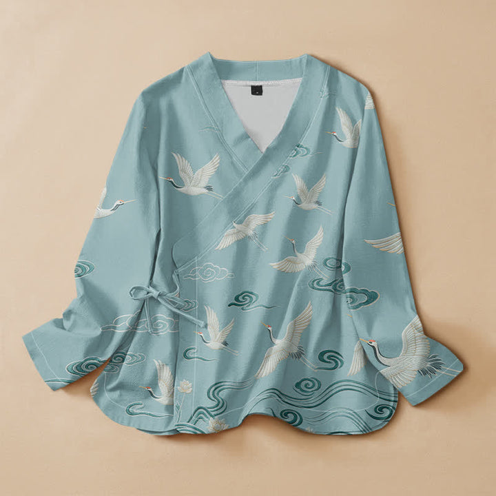 Buddha Stones Cotton Crane Cloud Print Hanfu Style Wrap V-Neck Lace-up Women's Long Sleeve Shirts Kimono - Turquoise - US16，UK/AU20，EU48 (3XL) - image 0