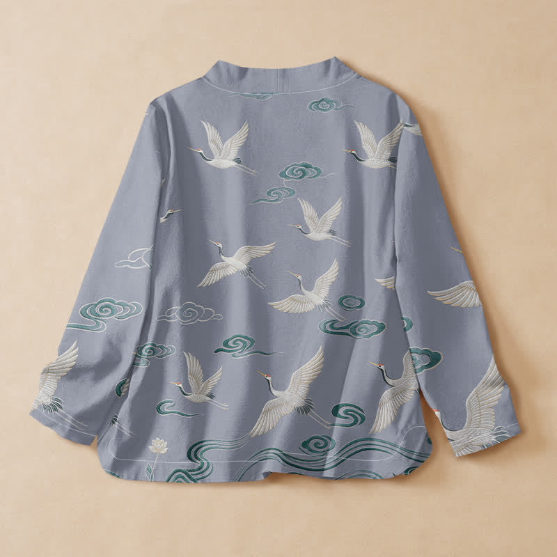 Buddha Stones Cotton Crane Cloud Print Hanfu Style Wrap V-Neck Lace-up Women's Long Sleeve Shirts Kimono - image 6