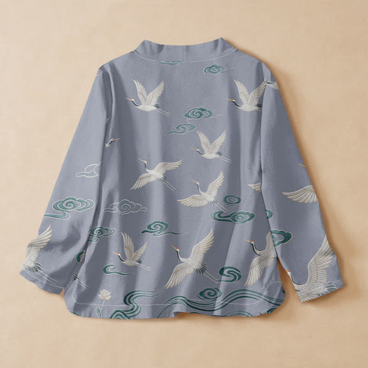 Buddha Stones Cotton Crane Cloud Print Hanfu Style Wrap V-Neck Lace-up Women's Long Sleeve Shirts Kimono - image 6