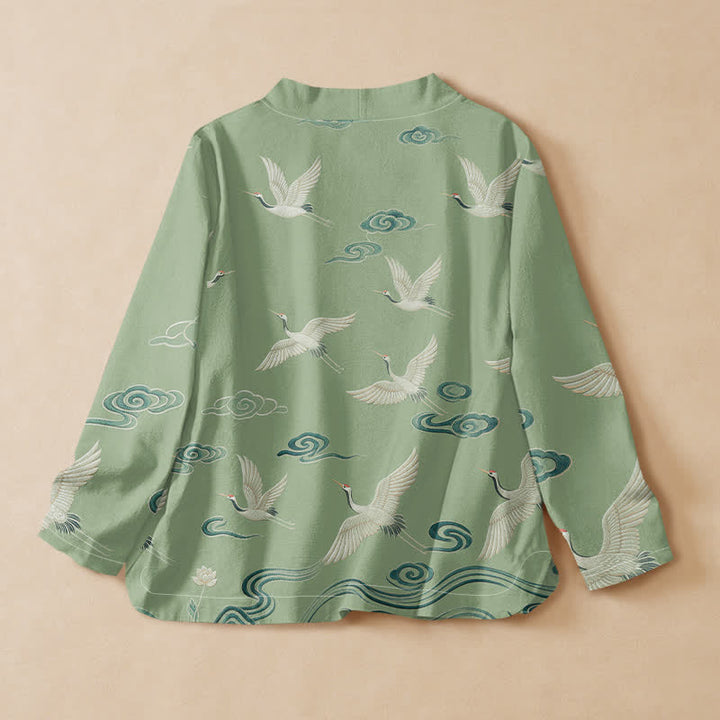 Buddha Stones Cotton Crane Cloud Print Hanfu Style Wrap V-Neck Lace-up Women's Long Sleeve Shirts Kimono - image 8