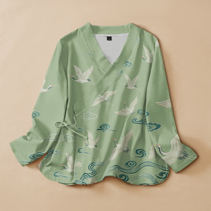 Buddha Stones Cotton Crane Cloud Print Hanfu Style Wrap V-Neck Lace-up Women's Long Sleeve Shirts Kimono - Aquamarine - US16，UK/AU20，EU48 (3XL) - image 7