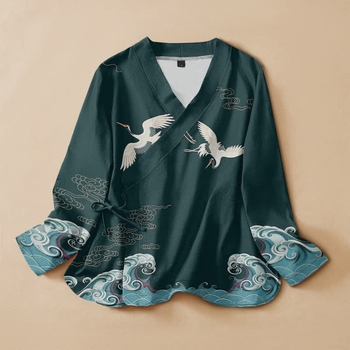 Buddha Stones Cotton White Crane Cloud Print Hanfu Style Wrap V-Neck Lace-up Women's Long Sleeve Shirts Kimono - Teal - US16，UK/AU20，EU48 (3XL) - image 5