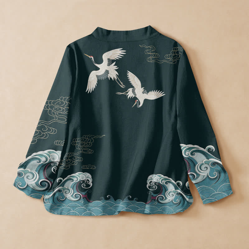 Buddha Stones Cotton White Crane Cloud Print Hanfu Style Wrap V-Neck Lace-up Women's Long Sleeve Shirts Kimono - image 6