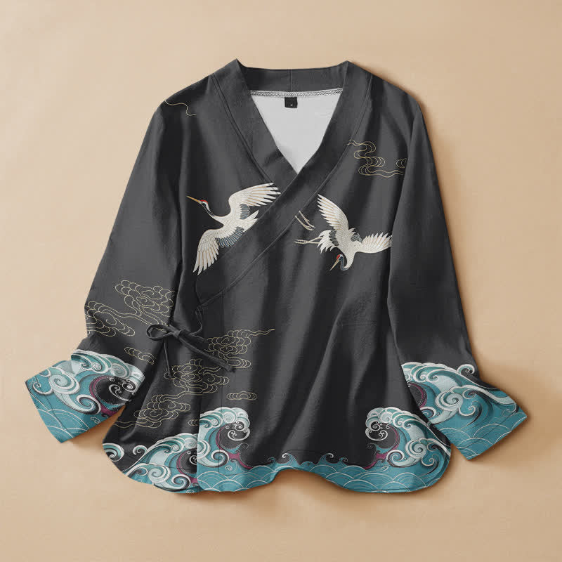 Buddha Stones Cotton White Crane Cloud Print Hanfu Style Wrap V-Neck Lace-up Women's Long Sleeve Shirts Kimono - DimGray - US16，UK/AU20，EU48 (3XL) - image 7